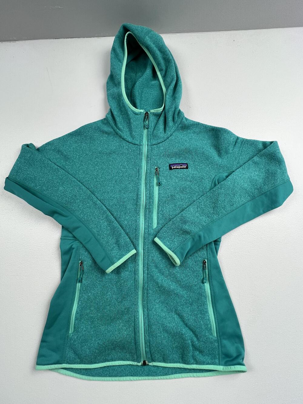 Patagonia Jacket Womens Small Green Hooded Full Zip Fleece Thumbholes Outdoor